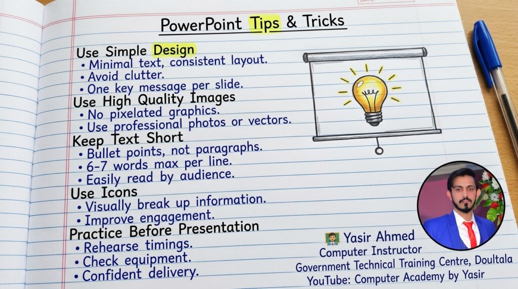 Notebook page PowerPoint tips 202607251049 | Computer Academy by Yasir